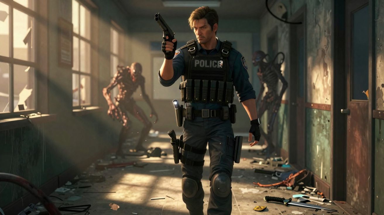 Polícia armado a caminhar em corredor destruído com criaturas ameaçadoras ao fundo.