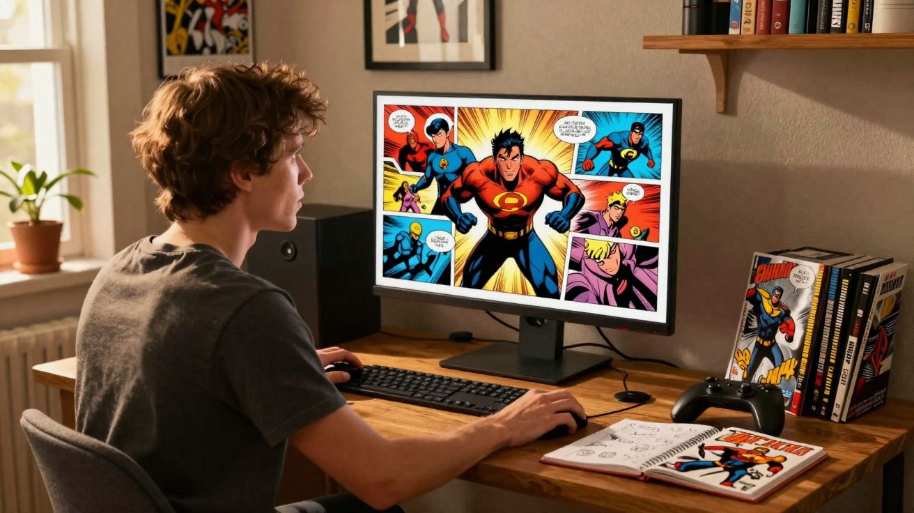 Jovem sentado a ler banda desenhada de super-heróis num computador num escritório iluminado por luz natural.