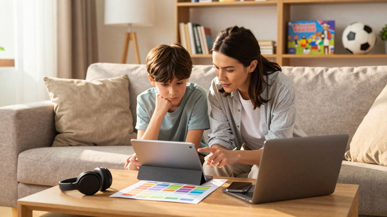 Mulher a ensinar menino usando tablet, com computador portátil e auscultadores numa mesa de madeira.