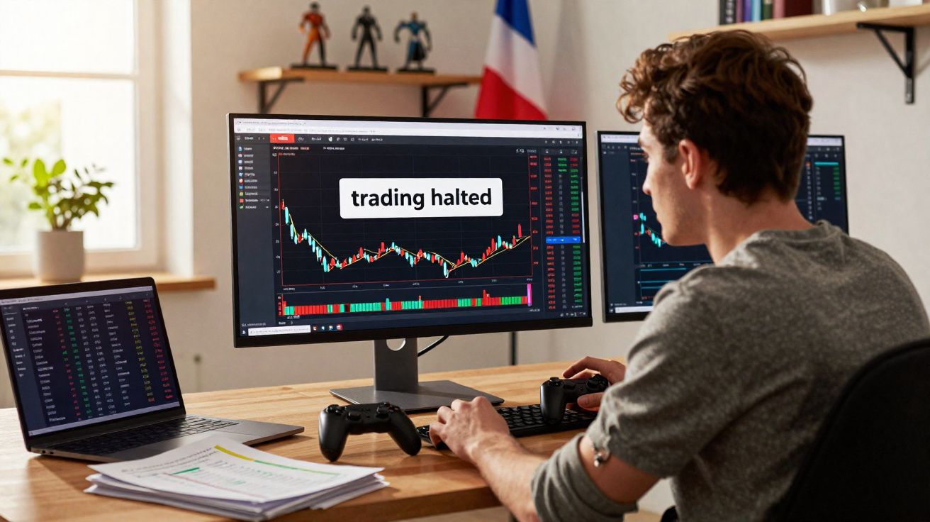 Homem a analisar gráficos financeiros em três ecrãs com alerta de trading parado numa secretária de madeira.