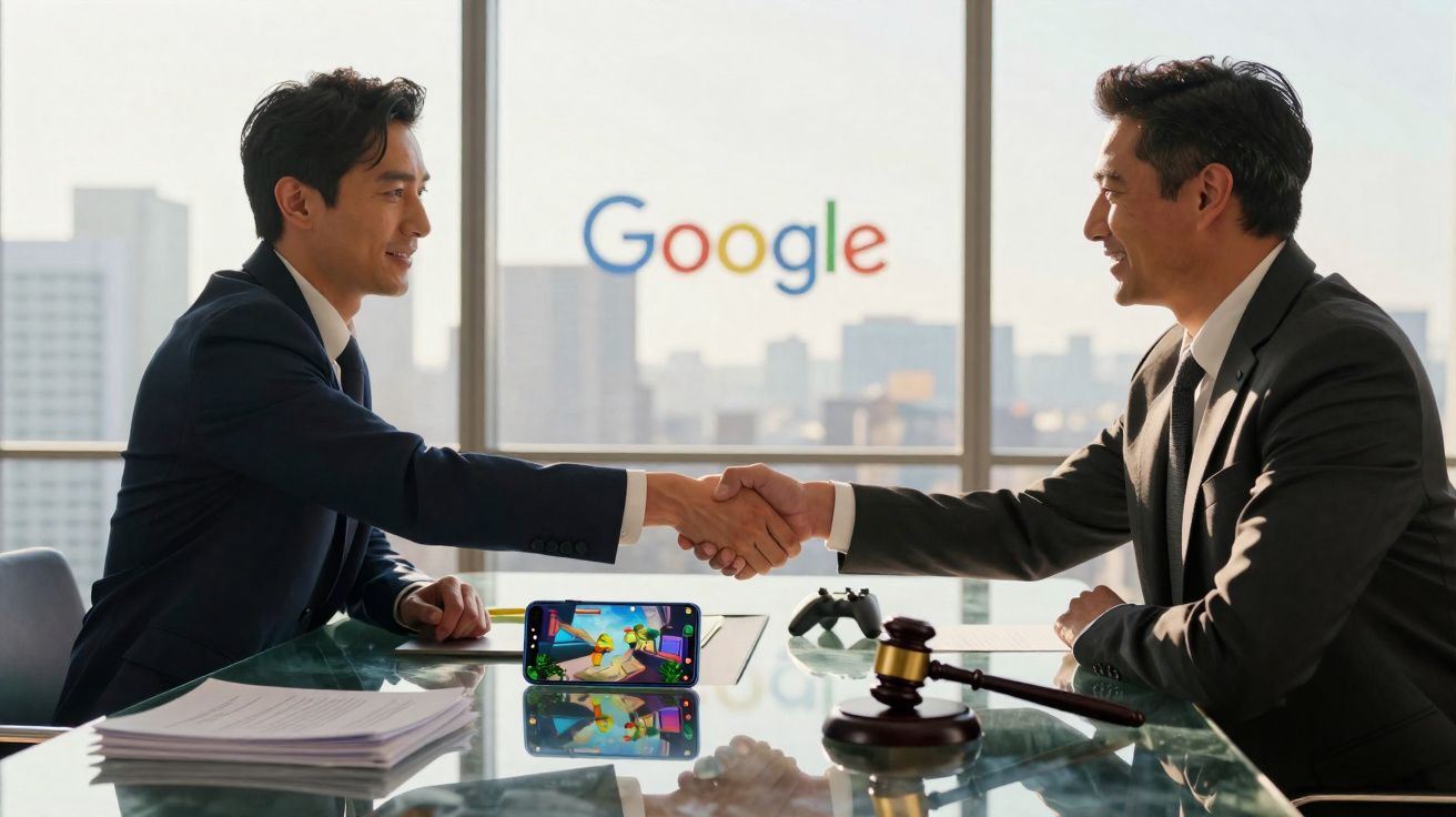 Dois homens de fato apertam as mãos numa mesa de escritório moderna com o logo do Google ao fundo.