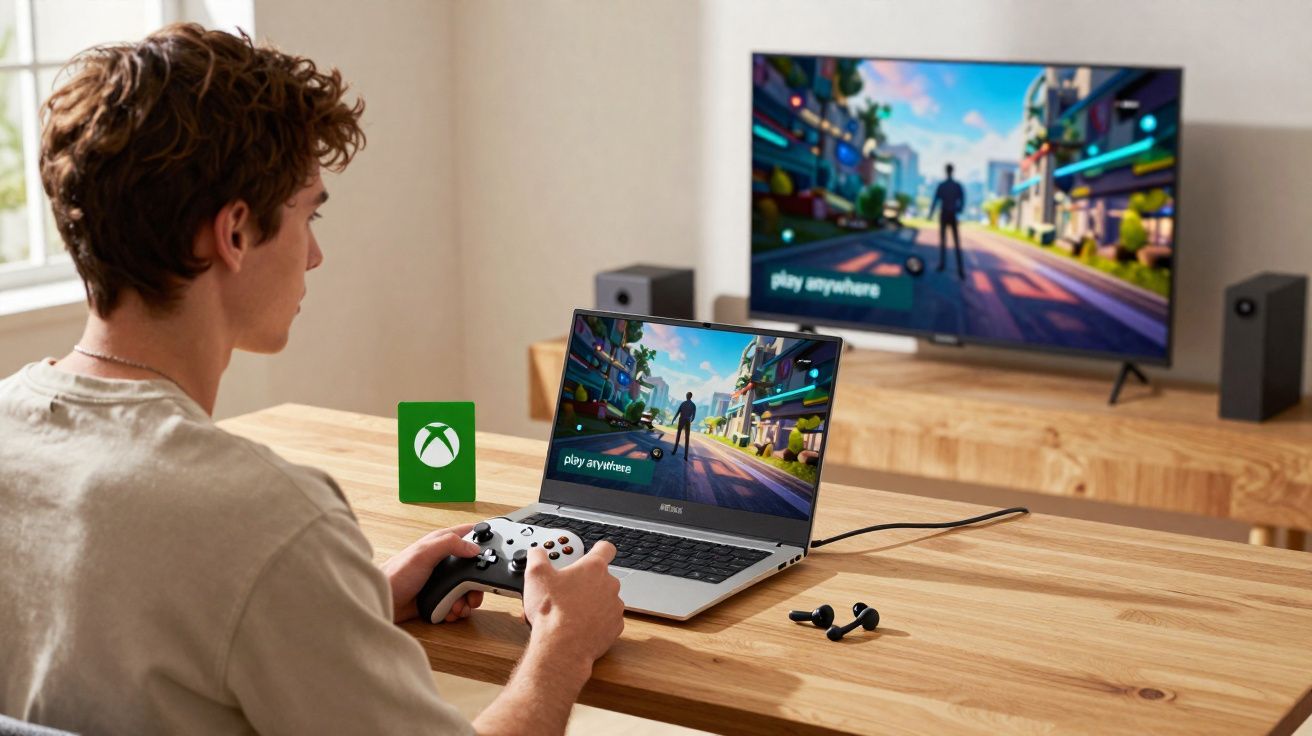 Jovem a jogar videojogo no portátil com comando Xbox, com o mesmo jogo a ser exibido na televisão.