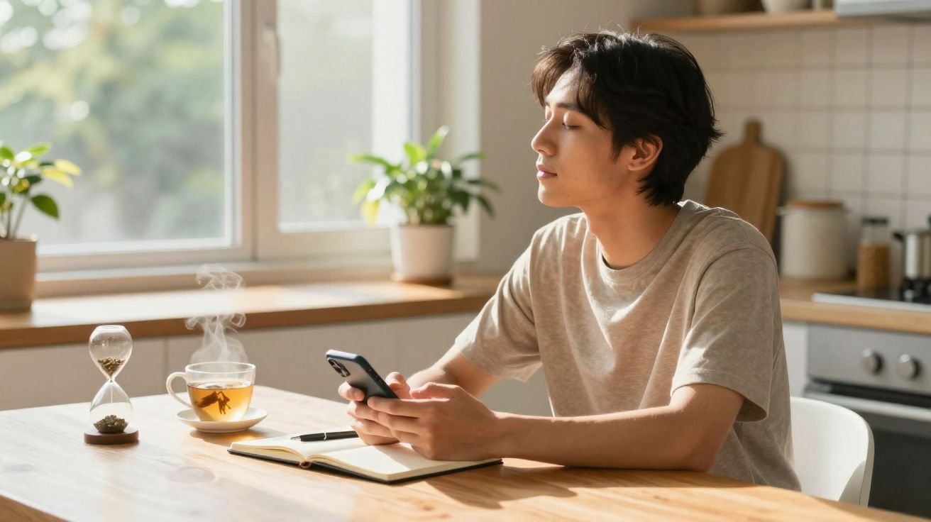 Jovem sentado à mesa com chá quente, segurando telemóvel e com caderno aberto numa cozinha iluminada.