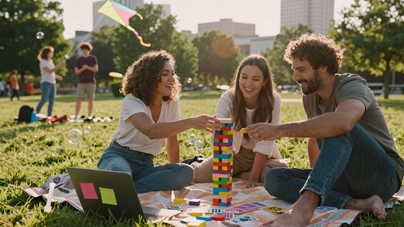 Três jovens sentados no chão de um parque a jogar um jogo de empilhar blocos coloridos num dia ensolarado.