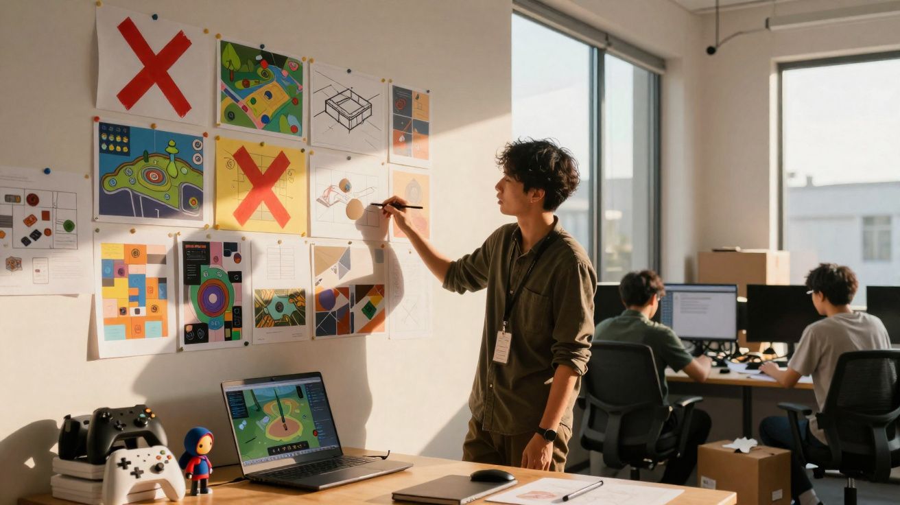 Pessoa a desenhar num quadro com ilustrações coloridas, com colegas a trabalhar em computadores ao fundo.