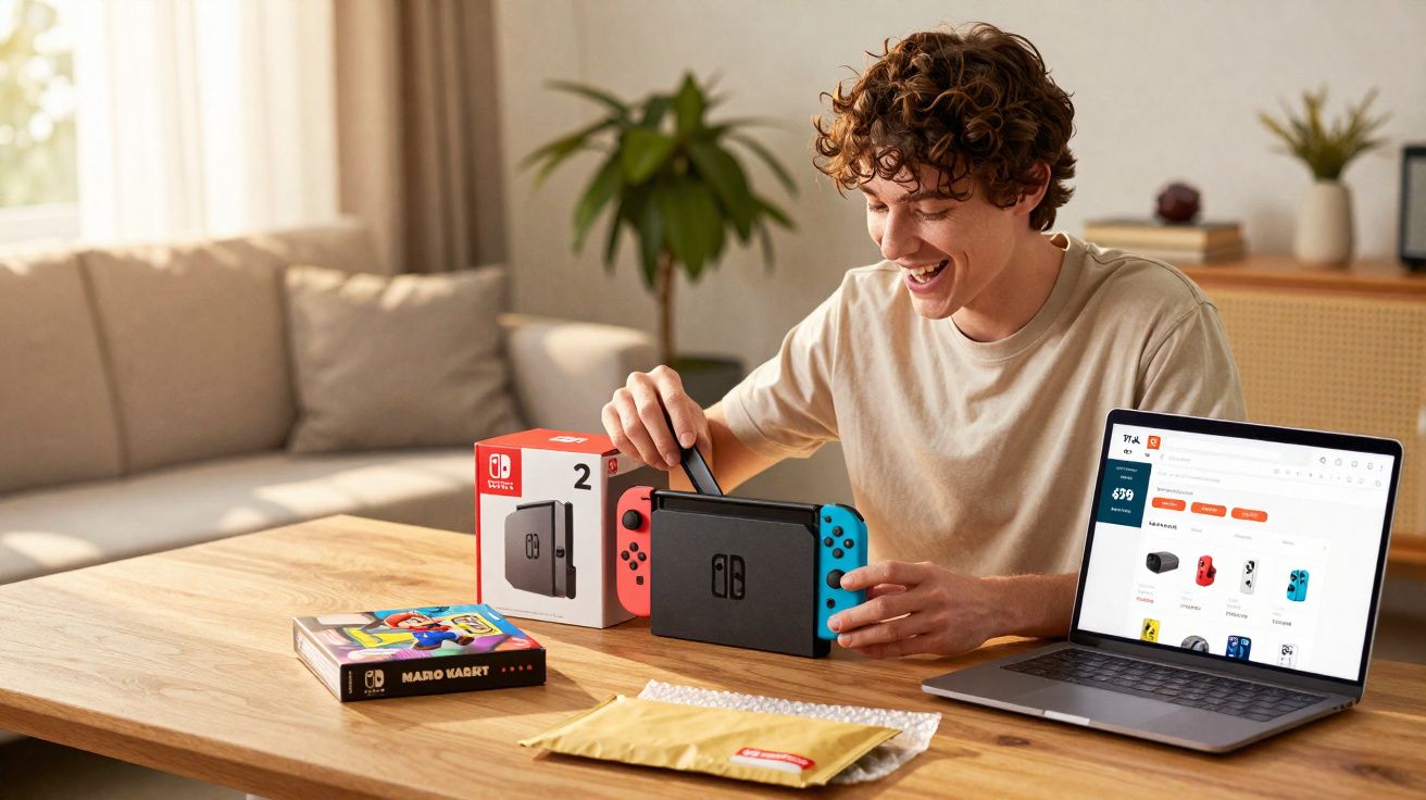 Jovem feliz a montar uma consola Nintendo Switch com caixa, jogo e computador numa mesa de madeira.