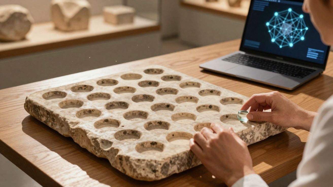 Pessoa a jogar um jogo de tabuleiro antigo de pedra com peças de vidro num ambiente de museu.