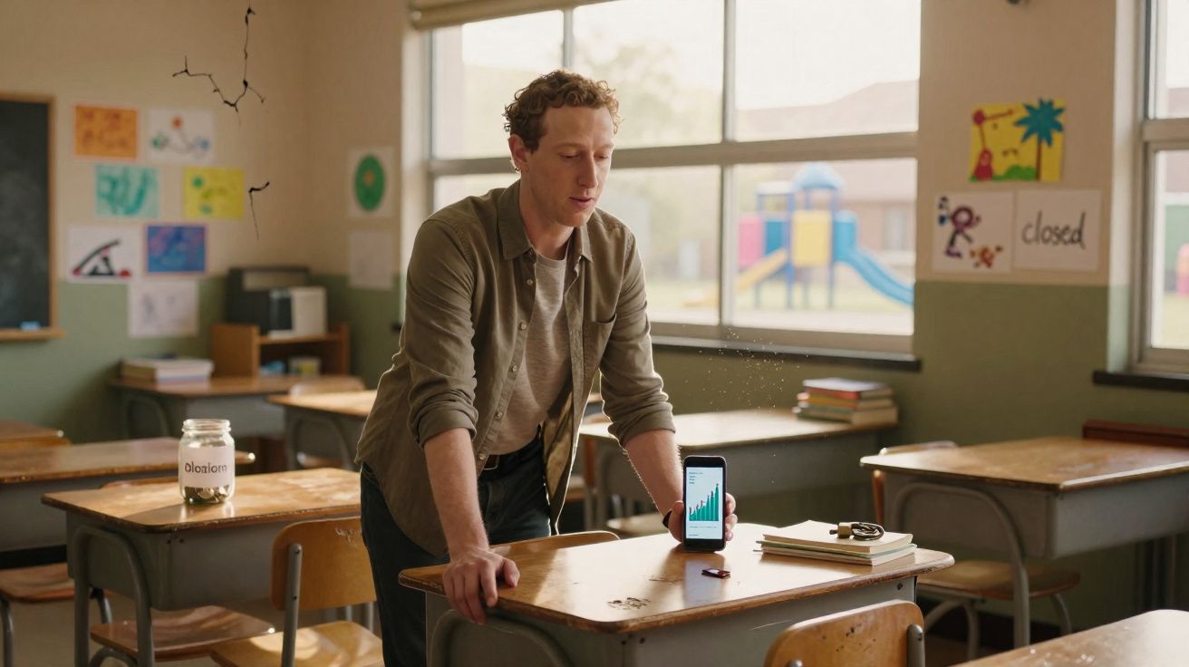 Homem em sala de aula mostra gráfico de crescimento no telemóvel, com prateleiras e desenhos na parede.