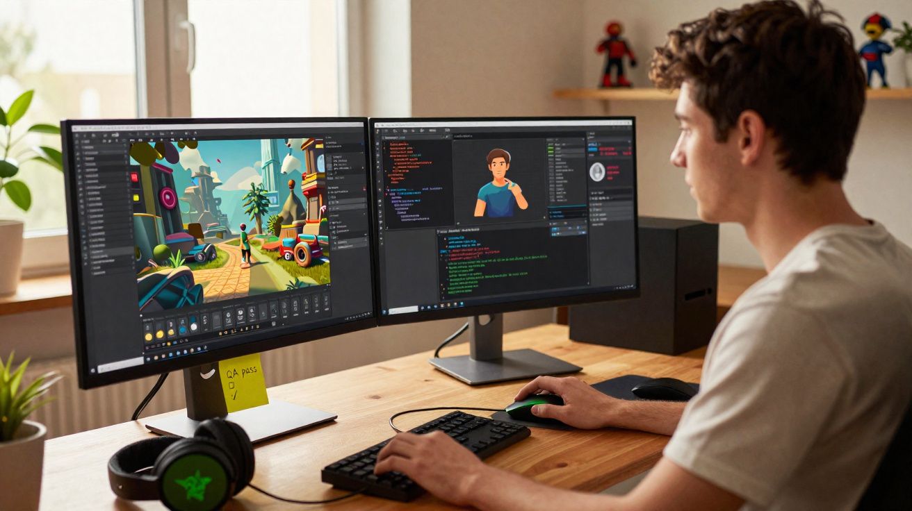 Jovem a trabalhar no desenvolvimento de videojogos com dois ecrãs, um com código e outro com animação.