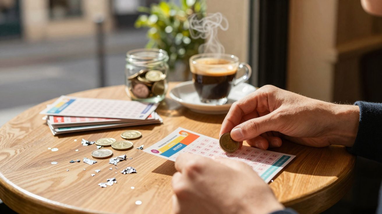 Mãos a marcar números num cartão de bingo numa mesa com moedas e café a vapor.