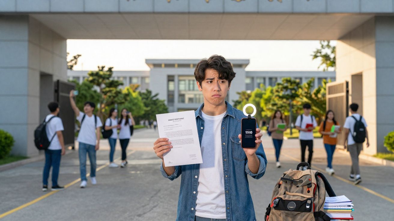 Estudante com expressão preocupada segura documento e telemóvel num campus universitário ao ar livre.