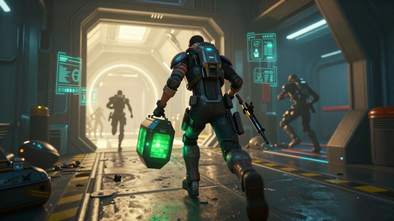 Soldado em equipamento tático transporta caixa luminosa numa passagem futurista com outros soldados ao fundo.