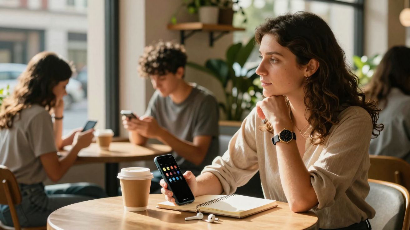 Jovem sentada num café, segurando um telemóvel e olhando para o lado, com caderno e café na mesa.