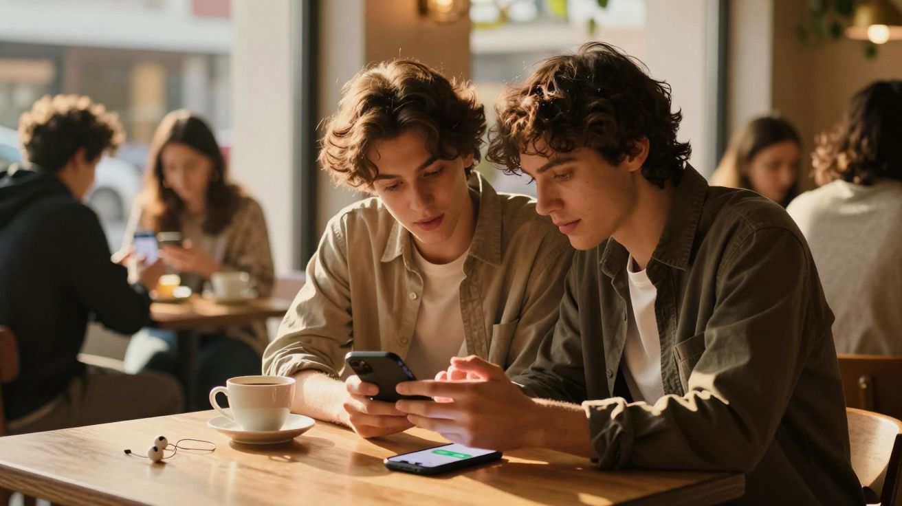 Dois jovens sentados num café, concentrados nos telemóveis, com uma chávena de café sobre a mesa.