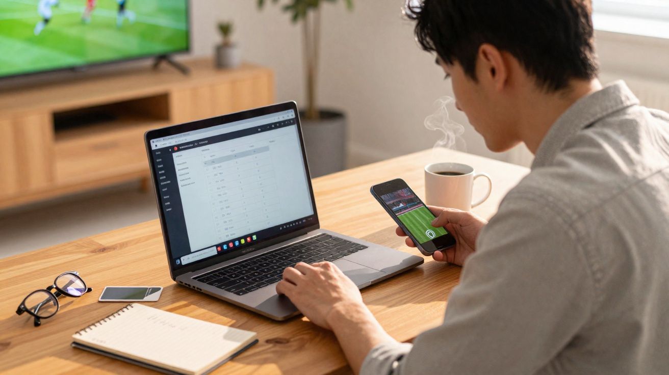 Pessoa a usar computador portátil e telemóvel para ver jogo de futebol, com chá quente numa mesa de madeira.