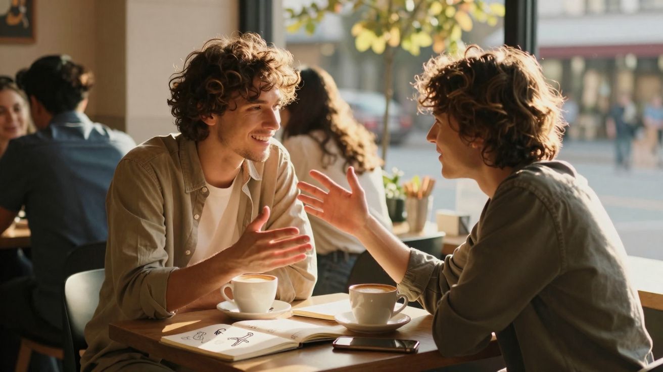 Dois homens conversam animadamente numa cafetaria com chávenas e caderno à mesa, luz natural da janela.