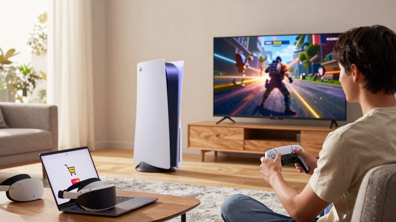 Pessoa sentada a jogar videojogo na televisão com comando, consola PlayStation 5 e óculos realidade virtual sobre mesa.