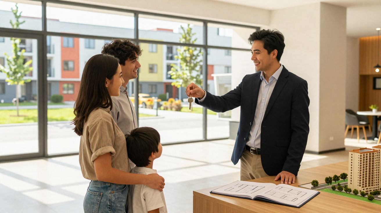 Corretor imobiliário entrega chave a família numa agência com maquete de prédio e plantas na mesa.