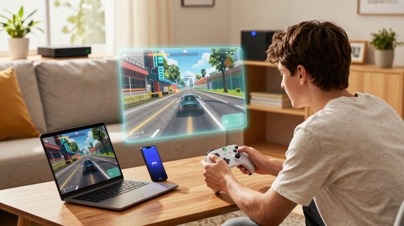 Jovem sentado a jogar videojogo de corrida num ecrã holográfico com comando e portátil numa sala moderna.