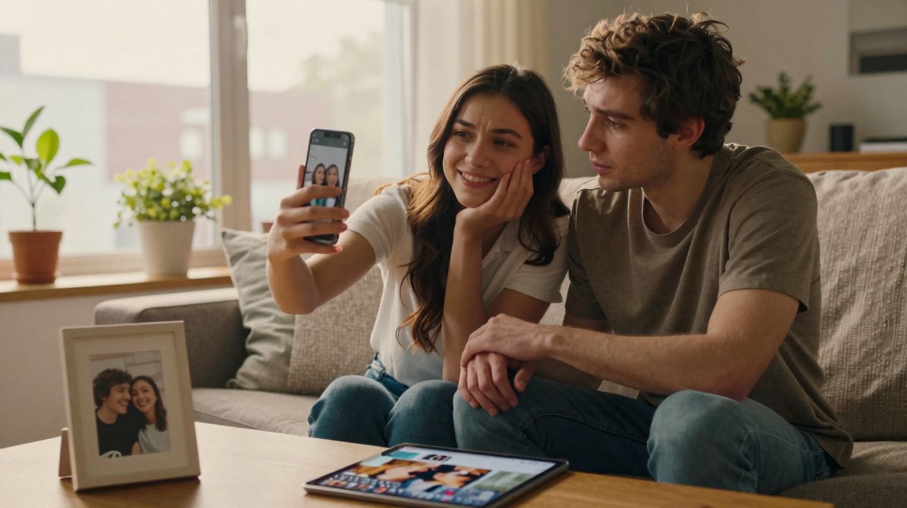 Casal sorridente sentado no sofá a tirar uma selfie com o telemóvel numa sala iluminada.