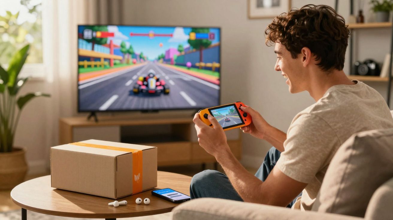 Homem a jogar videojogo de corrida num comando portátil em casa, com caixa e auscultadores na mesa.