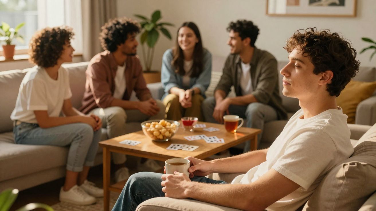 Jovem isolado sentado no sofá com expressão triste enquanto grupo de amigos conversa e joga cartas à mesa.