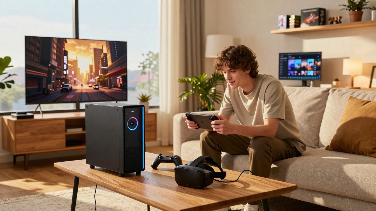 Jovem sentado no sofá a jogar com comando, com PC gamer, óculos VR e ecrã com jogo na sala.