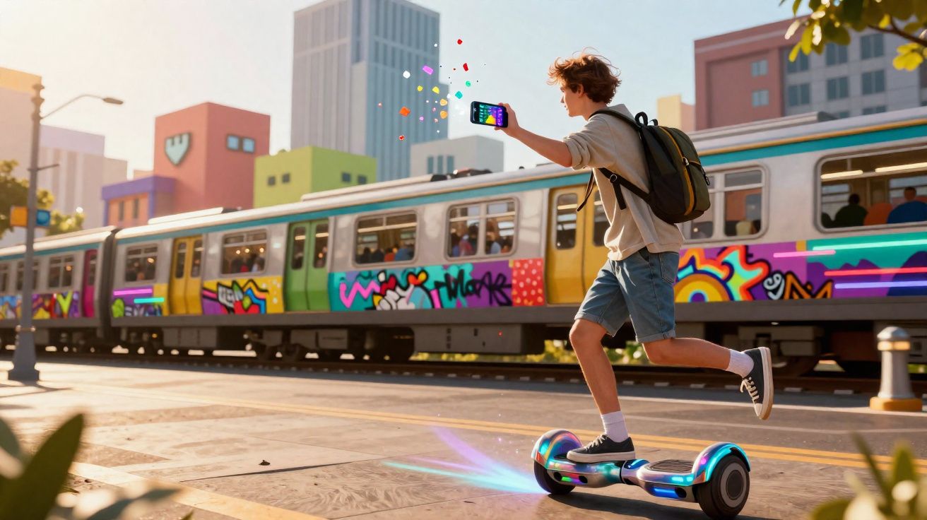 Jovem a andar de hoverboard numa cidade, segurando um telemóvel com gráficos coloridos à sua volta.
