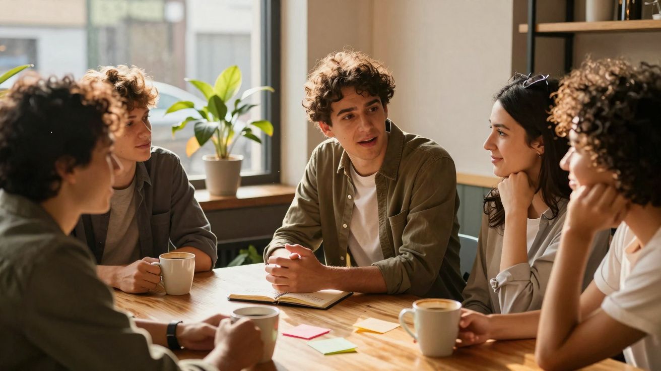 Grupo de jovens sentados à mesa com café, a conversar num ambiente de trabalho descontraído.