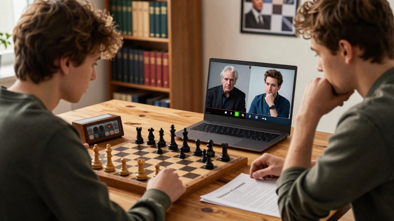 Dois jovens jogam xadrez enquanto participam numa chamada de vídeo com duas outras pessoas num laptop.