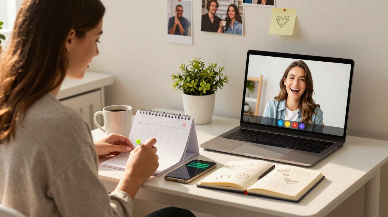 Mulher a fazer videochamada no computador enquanto marca datas num calendário à secretária.