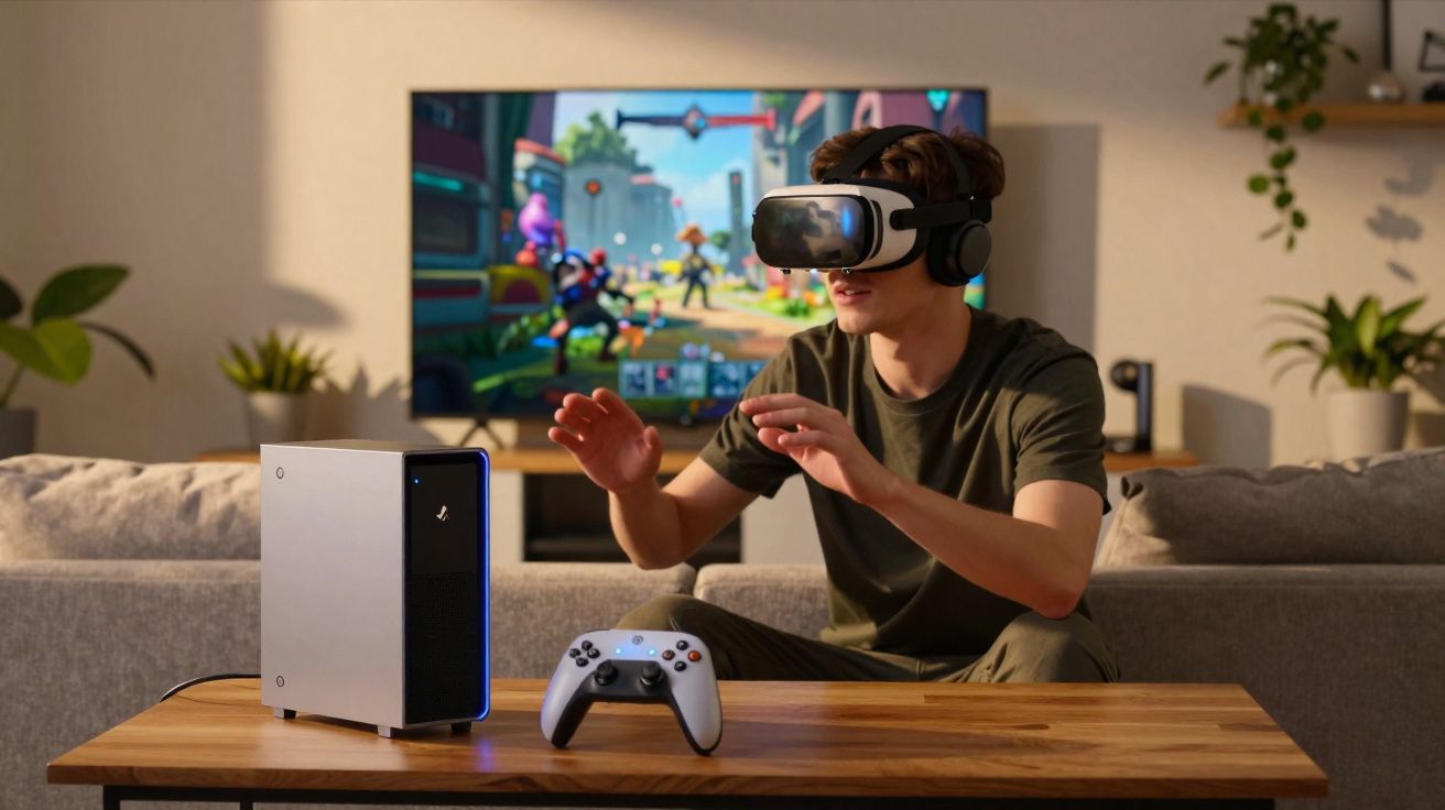 Jovem sentado no sofá a usar óculos VR e auscultadores, com comando e consola na mesa à frente.