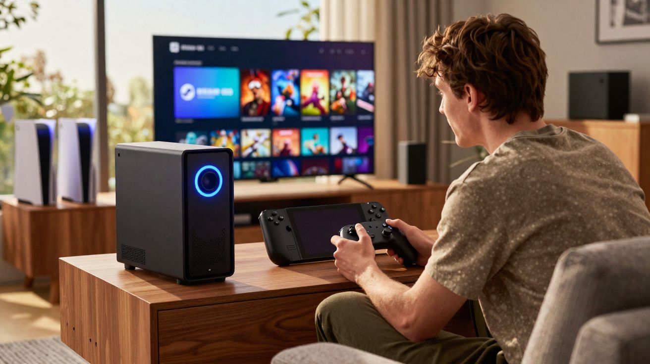 Homem sentado a jogar videojogos com consola portátil e ecrã grande em sala de estar moderna.