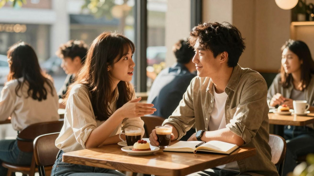 Casal jovem a conversar num café, com bebidas e sobremesa na mesa, luz natural suave.