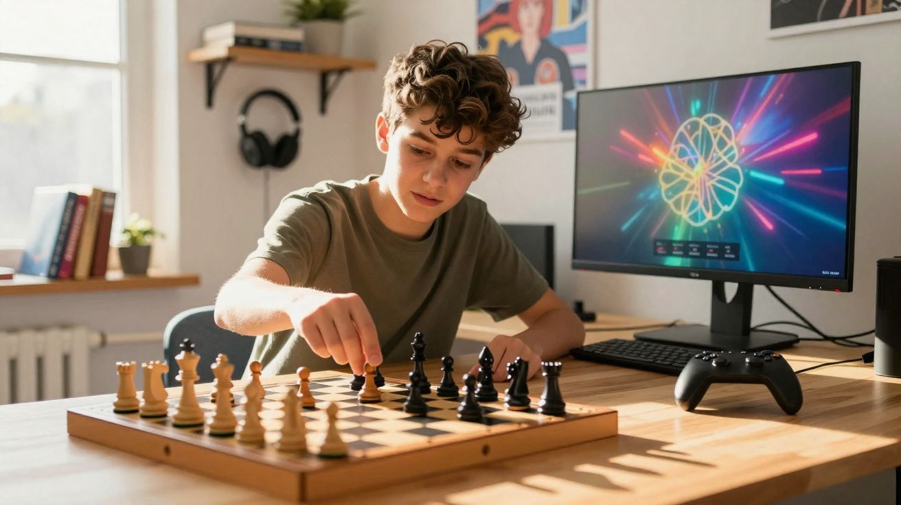 Jovem a jogar xadrez num quarto com computador e videojogo na secretária, luz natural entra pela janela.