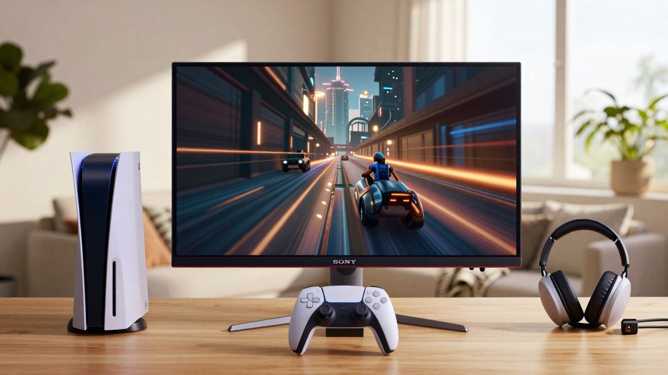 Setup de consola PlayStation 5 com comando, auscultadores e jogo de mota futurista numa televisão Sony.