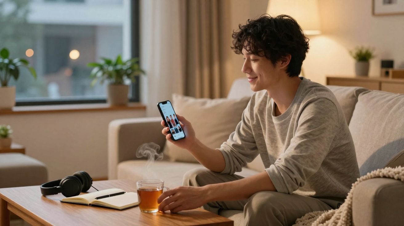 Jovem sentado no sofá a ver o telemóvel, com chá quente, auscultadores e caderno numa mesa de madeira.