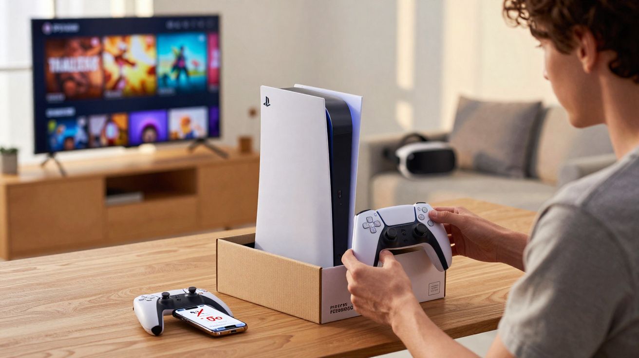 Pessoa a segurar comando PlayStation 5, consola em caixa e televisão com interface de jogos ao fundo.