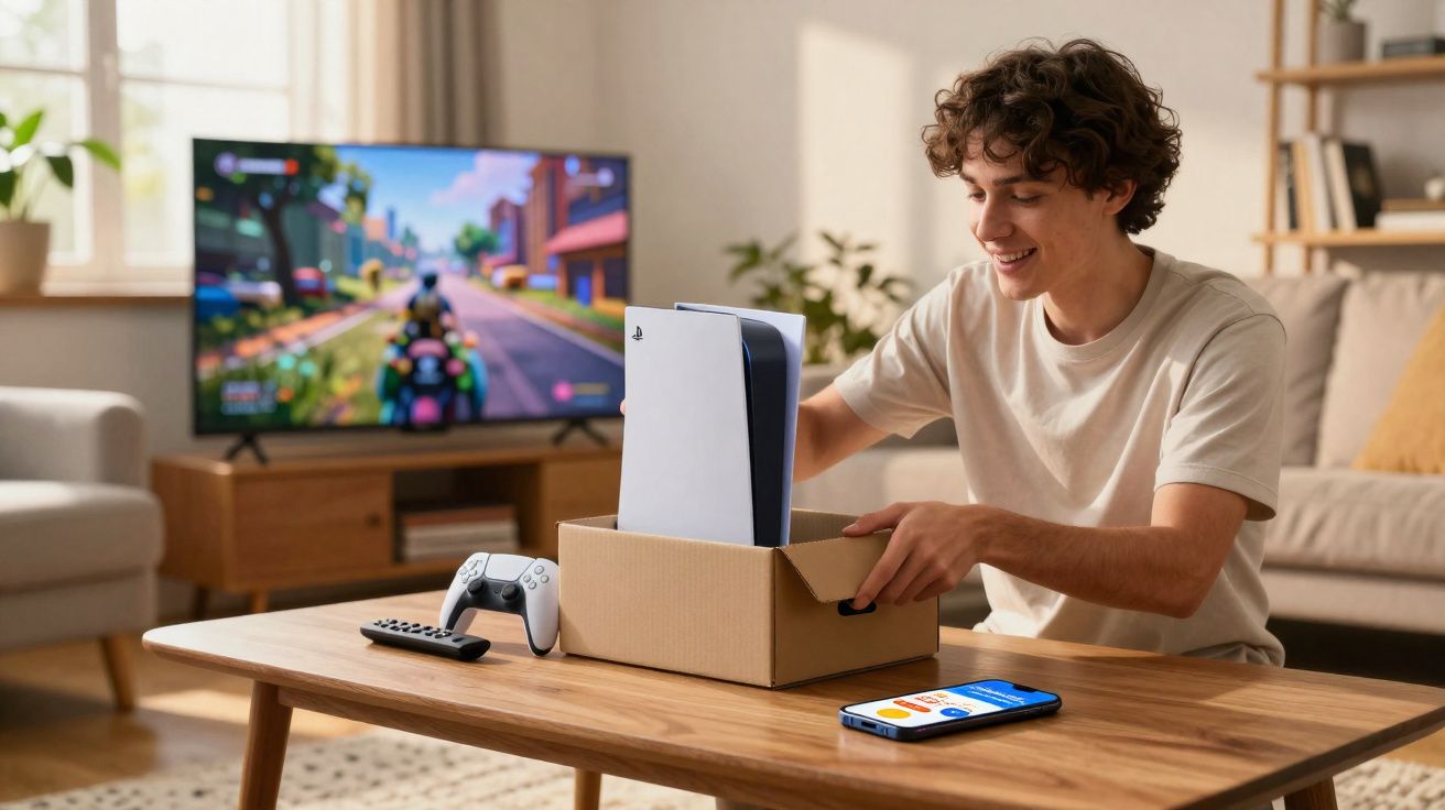 Jovem desembrulha consola PlayStation 5 numa sala com televisão ligada a videojogo em fundo.