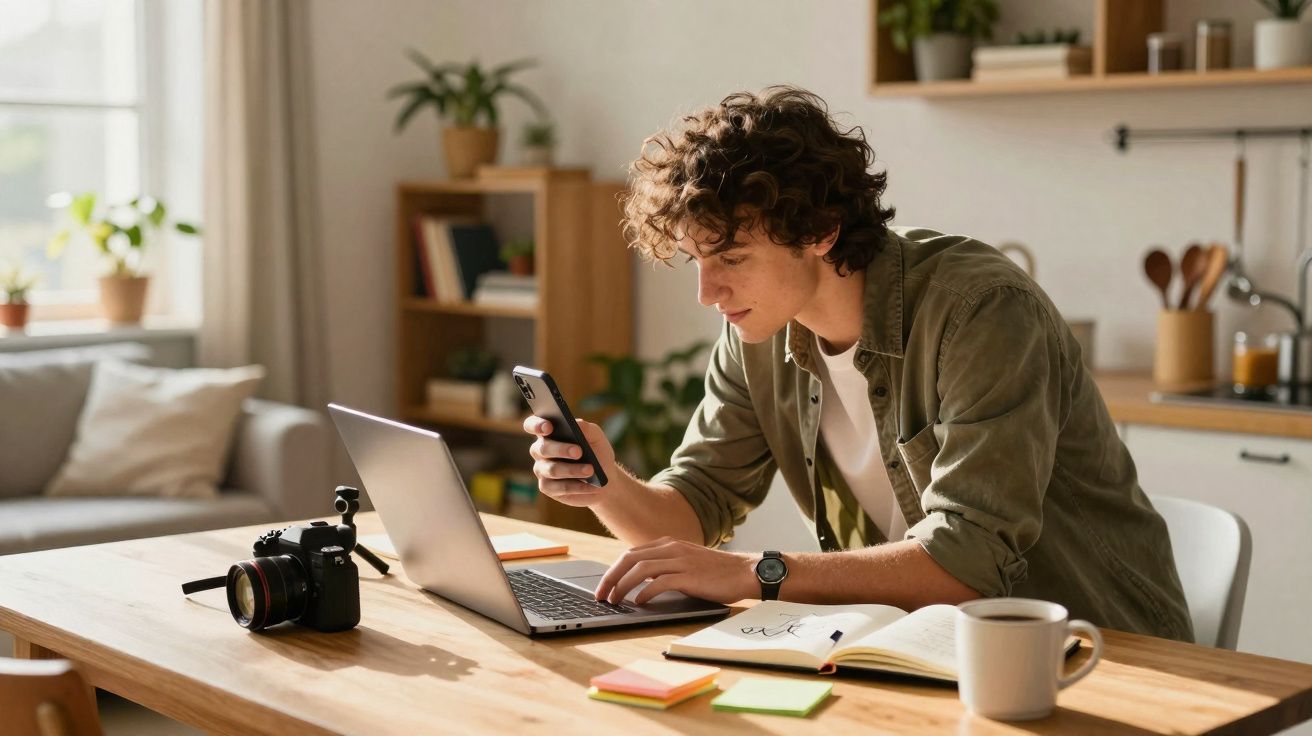 Jovem sentado numa mesa a usar um portátil e a olhar para o telemóvel numa sala iluminada e acolhedora.