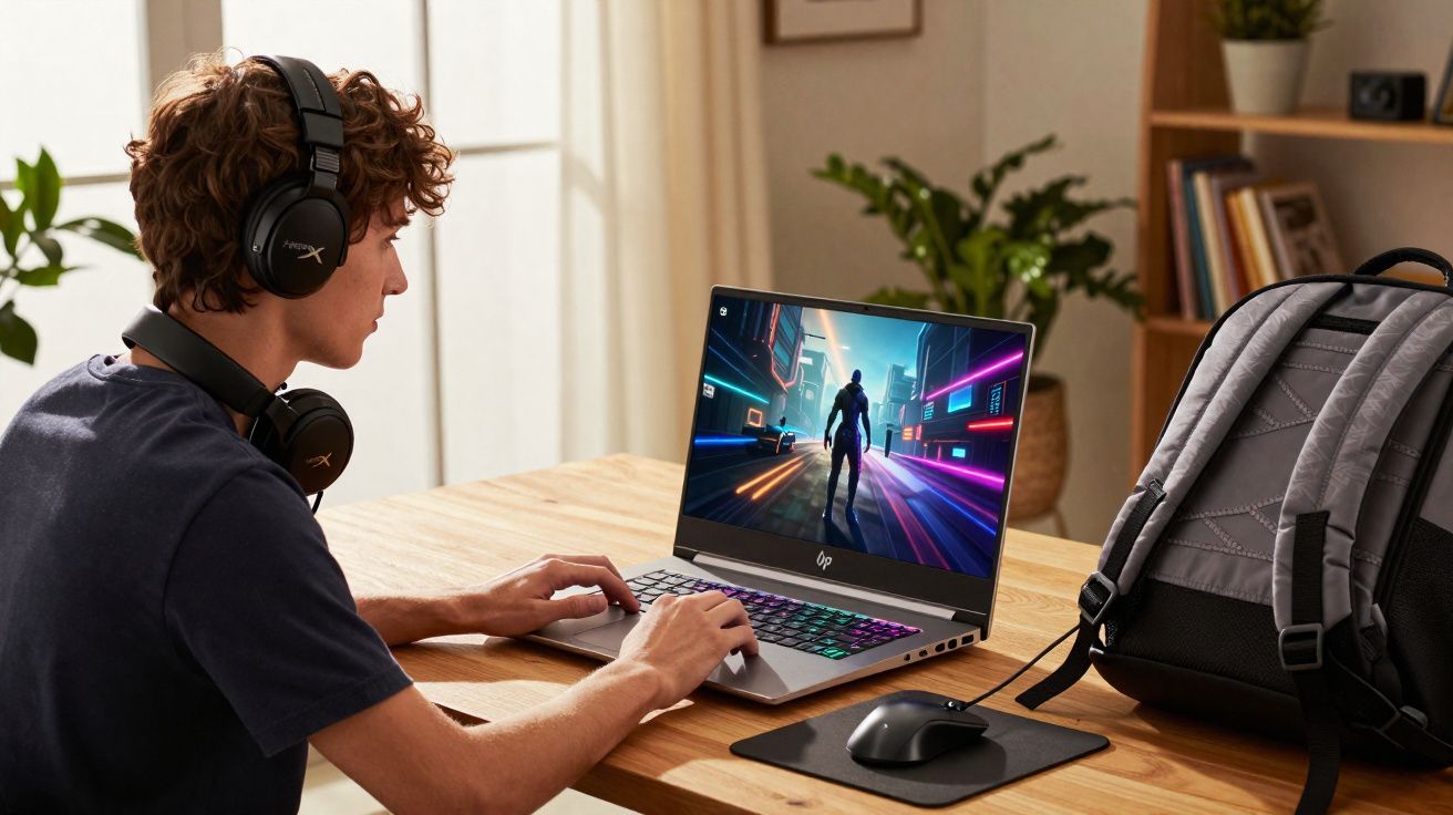 Jovem com auscultadores a jogar num portátil numa mesa de madeira com mochila e rato ao lado.