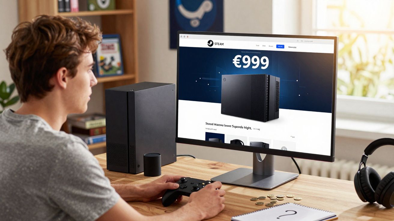 Jovem sentado a jogar num comando com computador e ecrã a mostrar consolas à venda por 999 euros.