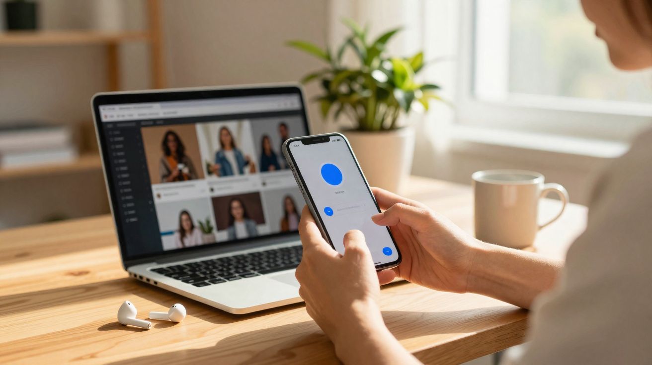 Pessoa a usar telemóvel com aplicação aberta, perto de computador portátil com videoconferência numa secretária de madeira.