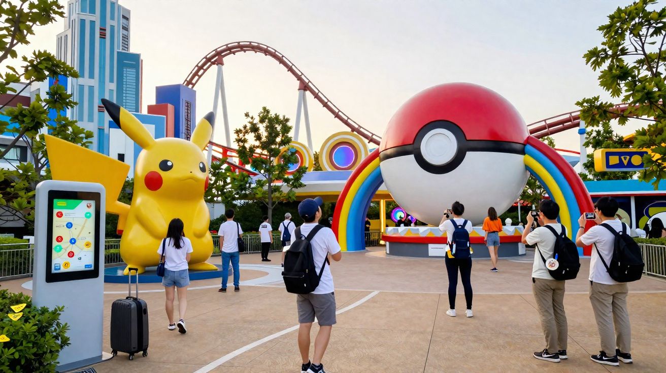 Visitantes tiram fotos junto a estátuas de Pikachu e Pokébola gigante com montanha-russa ao fundo num parque temático.