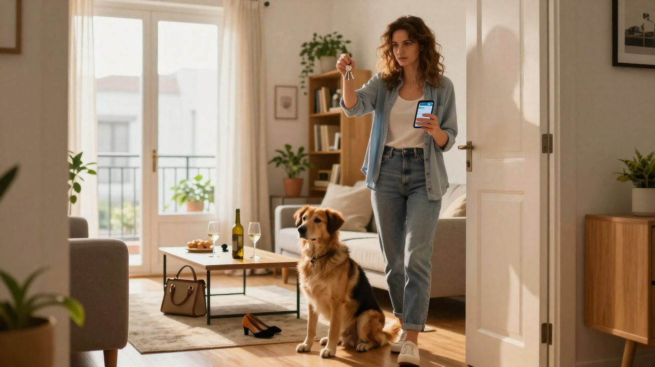 Mulher segurando chaves e telemóvel em sala com cão sentado perto, sofá, mesa e garrafa de vinho.