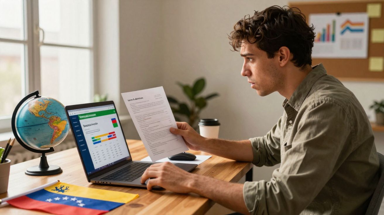 Homem a analisar documento e gráficos num computador portátil numa secretária com bandeira da Venezuela e globo terrestre.