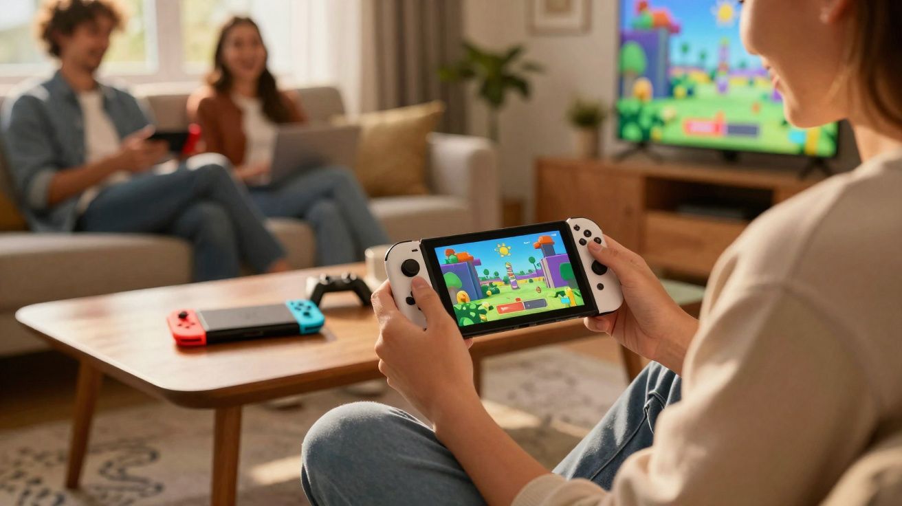 Pessoa a jogar videojogo numa consola portátil com duas pessoas ao fundo sentadas no sofá a assistir.