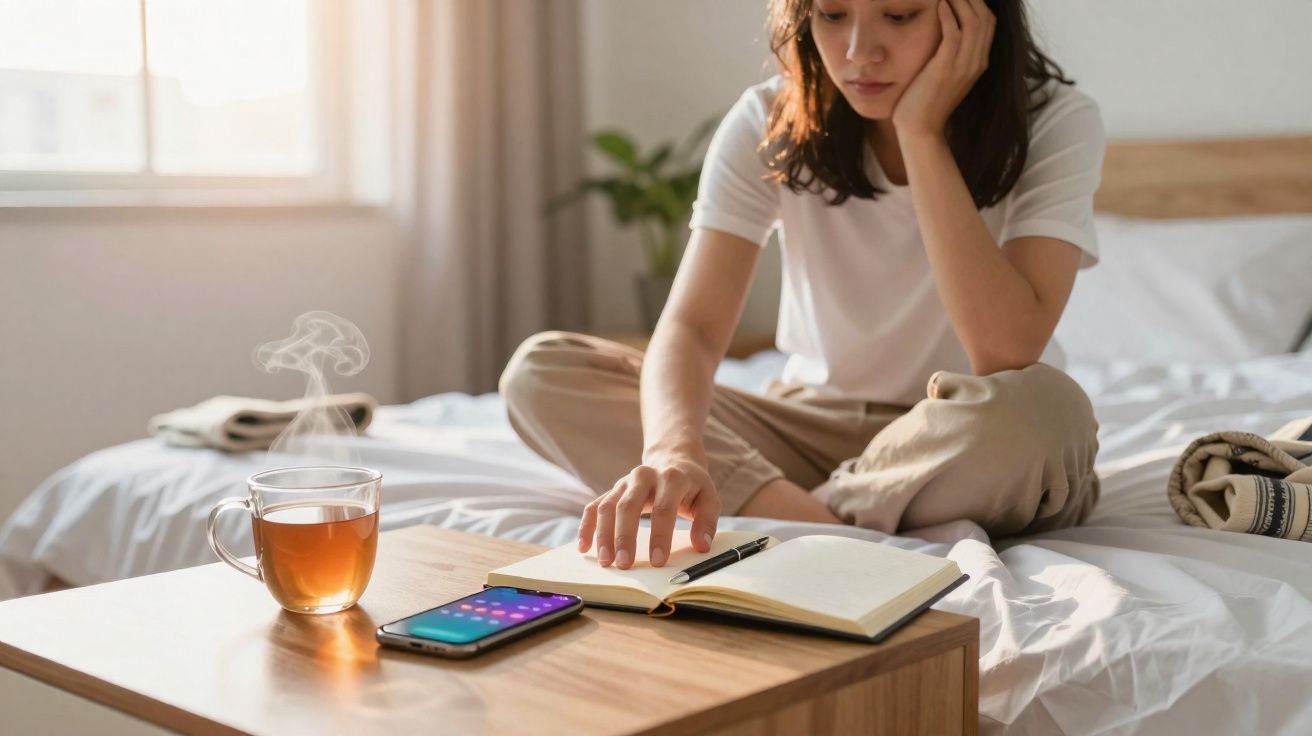 Mulher sentada na cama a ler um caderno, com chá quente e telemóvel numa mesa à frente.