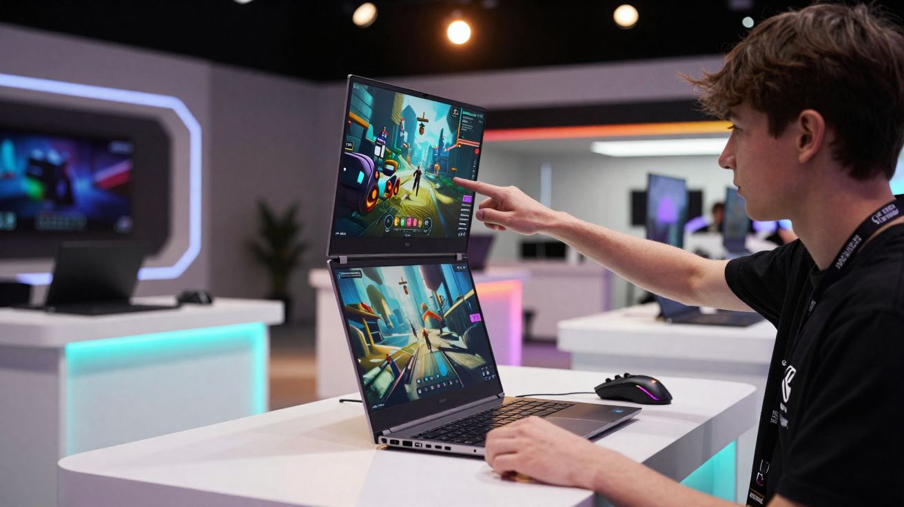 Jovem a apontar para o ecrã superior de um portátil duplo durante uma demonstração tecnológica.