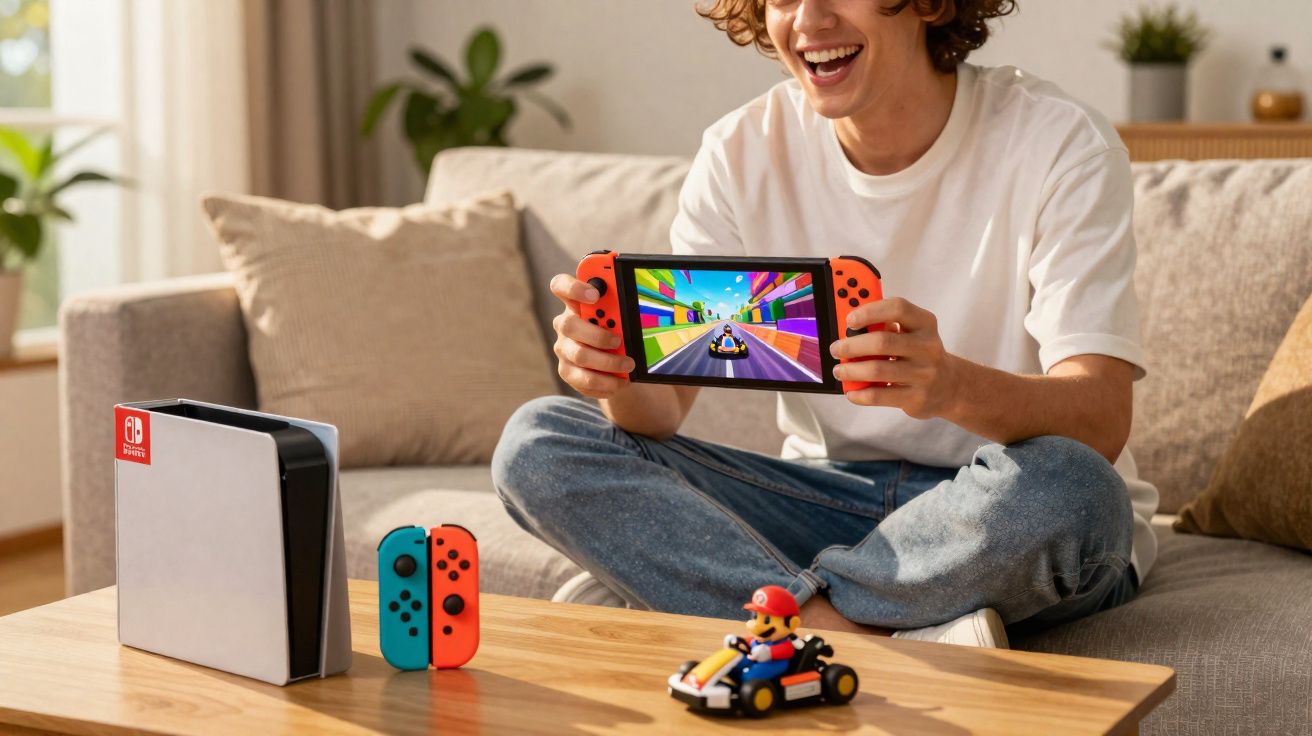 Jovem sentado no sofá a jogar Nintendo Switch, com consola e comando na mesa à frente.